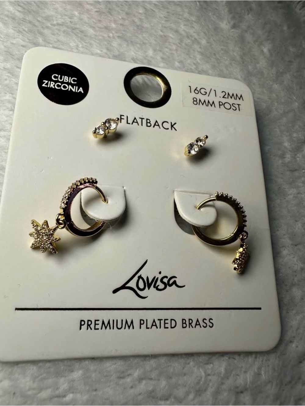 Lovisa Cubic Zirconia Flatback Earring Set Premium Plated Brass NWT